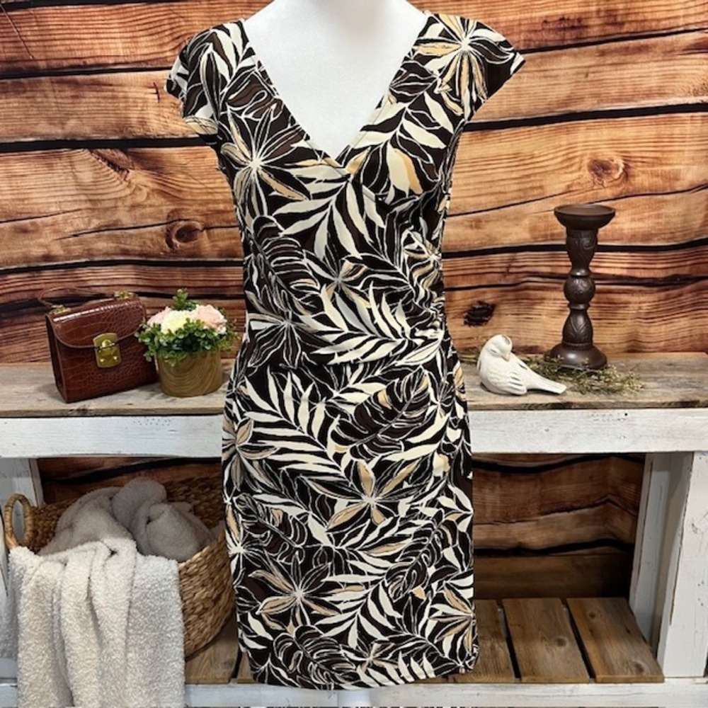 Ann Taylor Loft Womens Sleeveless Brown/Tan Tropical Faux Wrap Dress Size‎ 4